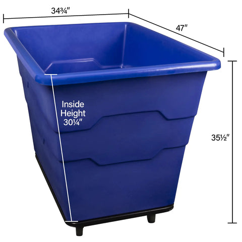 Commercial 16 Bushel Utility Cart With Steel Base And Poly Box Basket, side view, blue poly tub dimensions highlighted, red