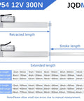 Side view of JQDML 12V linear actuator with mounting bracket; 16-inch stroke, 300N