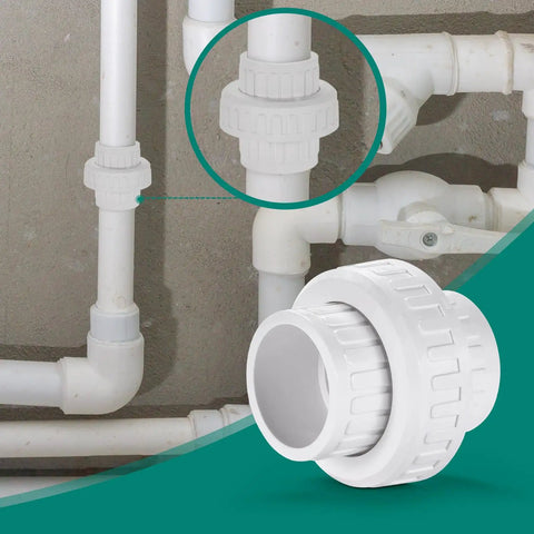 1-1/2 Inch PVC Union Pipe Fitting Socket to Socket with Built In EPDM O Ring, Schedule 40, White, installed on home plumbing