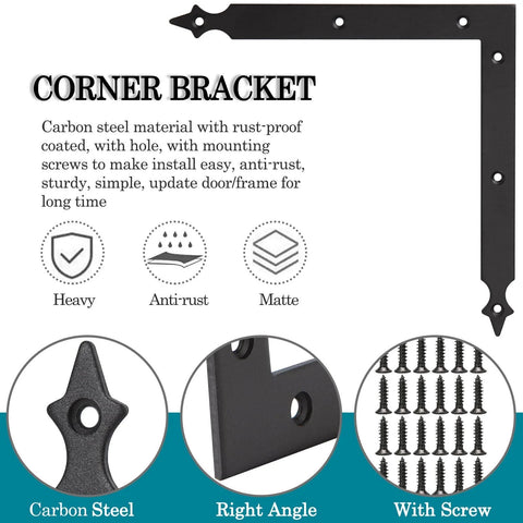 Diagram of Barn Door Corner Bracket Set 7 Point 7 Inch Matte Black Rustic L Brackets For Sliding Doors Garage with screws shown