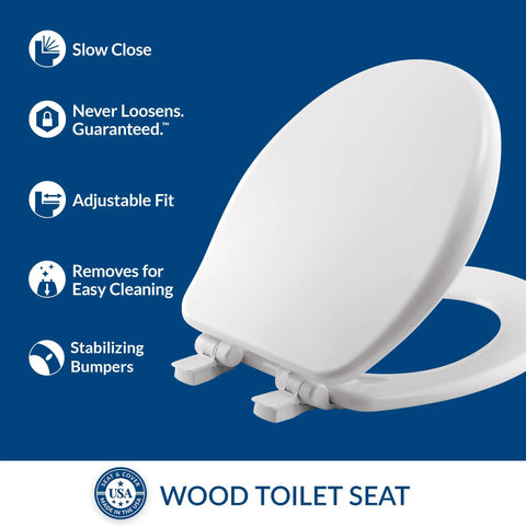 Soft Close Toilet Seat With Easy Clean Hinges And Adjustable Front To Back Fit, Durable Wood Seat, Round White, Secure Fit