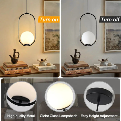 Modern Black Pendant Light With White Glass Globe Shade For Kitchen Island And Bedroom Matte Finish Ceiling Fixture Large Globe Pendant Light For Bedside Living Room Or Hallway Industrial Contemporary Style