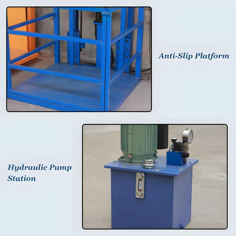 Heavy Duty Electric Lift Platform Table With 1 Ton Wall Mounted Cargo Hoist For Factory Warehouse Jobs Plus Home Garage Storage Up To 2000 Lbs Capacity featuring anti-slip surface and hydraulic pump station.