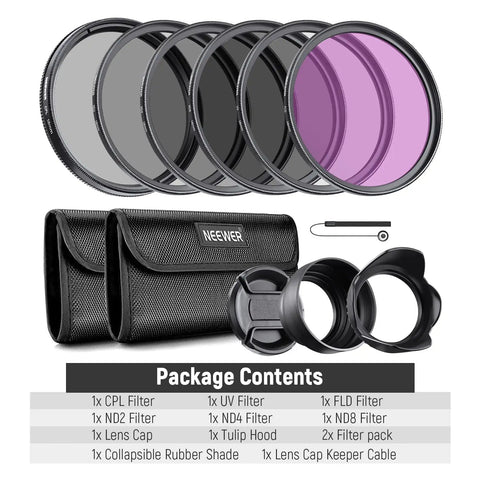 58mm UV CPL FLD ND Filter Kit For Canon Rebel EOS Cameras with filters, caps, pouch, visor and clip in packaging.