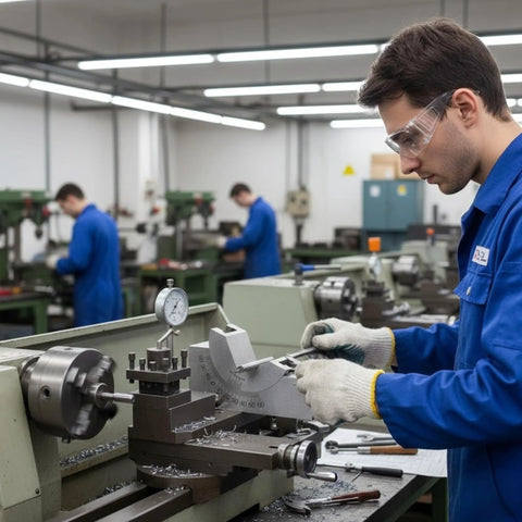 Side view of stainless steel adjustable angle V-block milling gauge being used by machinist at a lathe.