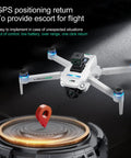 4K GPS Camera Drone With Obstacle Avoidance and Auto Return hovering over GPS image, white color, night LED lights visible