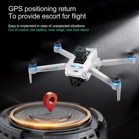 4K GPS Camera Drone With Obstacle Avoidance and Auto Return hovering over GPS image, white color, night LED lights visible