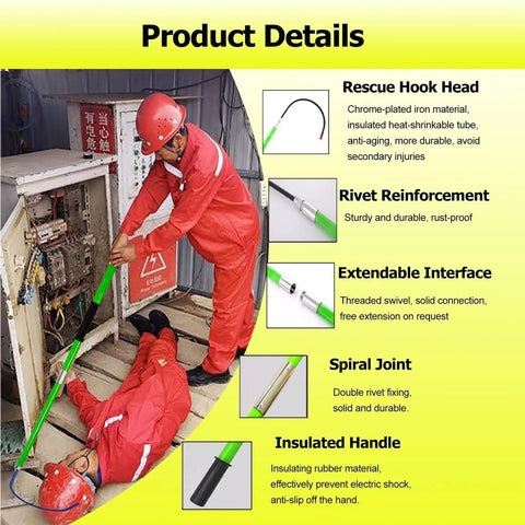 Pro Grade Fiberglass High Voltage Insulated Rescue Hook Telescopic Pole in use by lineman, featuring extendable interface and insulated handle.