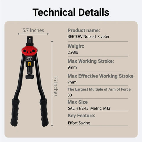 Pro Grade Rivet Nut Tool Kit With Sixteen Inch Gun, Fifteen Mandrels, And Two Hundred Nutserts For Automotive And Metal Repair with technical details including 16-inch tool length and 9mm stroke.