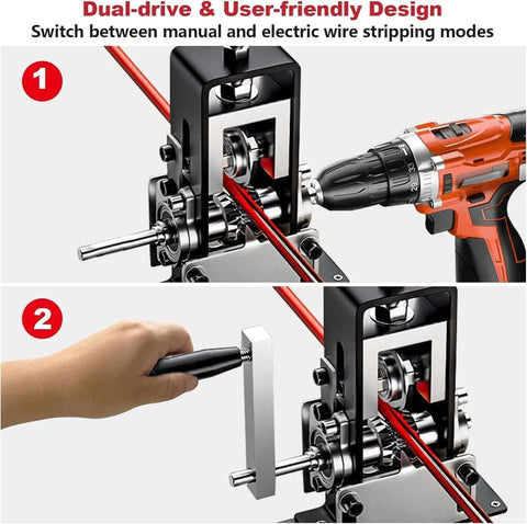 Manual Wire Stripping Machine For Copper Wire 0.06 To 1 Inch Gauge, drill-powered and hand crank usage illustration for scrap recycling