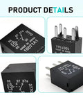 Heavy Duty 12V 5 Pin 30A Automotive Fuel Pump Relay Two Piece Set showing detailed views of black relay's pins and markings.