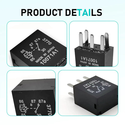 Heavy Duty 12V 5 Pin 30A Automotive Fuel Pump Relay Two Piece Set showing detailed views of black relay's pins and markings.