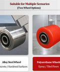 Alloy steel wheel and polyurethane wheel options for Tough As Nails 360 Swivel Skate Dolly for dual surface glides.