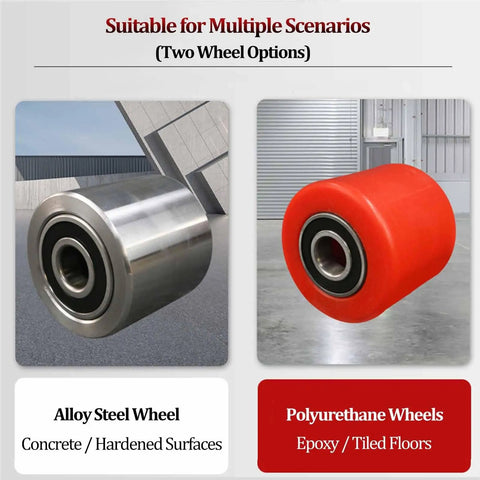 Alloy steel wheel and polyurethane wheel options for Tough As Nails 360 Swivel Skate Dolly for dual surface glides.