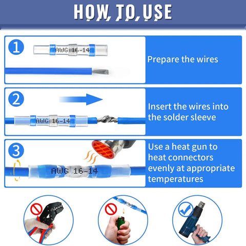Instructions for using All In One Heat Shrink Wire Connector Kit 210Pcs Includes 135 Pcs Crimp Butt Connectors And 75 Pcs Solder Seal Connectors 26 To 10GA