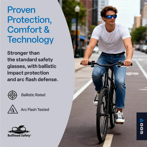Man wearing Dorado Safety Glasses With Dual Lenses ANSI Z87 Plus Blue Light Blocking UV Protection And Anti Scratch Coating cycling.