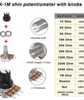 Must Have All In One Potentiometer Kit With Rotary Knobs And WH148 Linear Pots 1K To 1M Ohm 40 Value Assortment Single Linear Taper B Type Includes Nuts And Washers Great For Audio Gear DIY Pedals Soldering Projects product image showing potentiometer specifications and components.