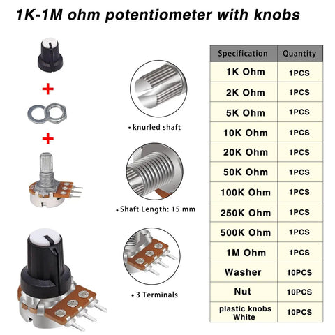 Must Have All In One Potentiometer Kit With Rotary Knobs And WH148 Linear Pots 1K To 1M Ohm 40 Value Assortment Single Linear Taper B Type Includes Nuts And Washers Great For Audio Gear DIY Pedals Soldering Projects product image showing potentiometer specifications and components.