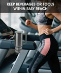 Heavy Duty Magnetic Cup Holder With 12 Strong Magnets Delivers 20 Lb Holding Power shown on treadmill with runner