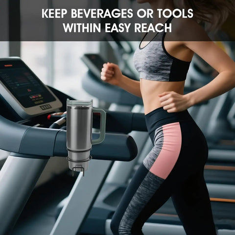 Heavy Duty Magnetic Cup Holder With 12 Strong Magnets Delivers 20 Lb Holding Power shown on treadmill with runner