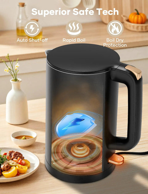 Double Wall 1.7L Electric Kettle With Cool Touch Exterior No Burn Hands Safety Rapid 1500W Boil Stainless Steel Water Boiler