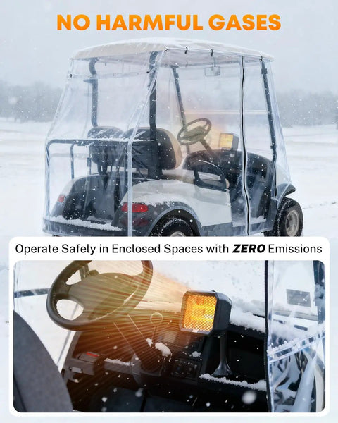 Badass 48V Electric Golf Cart Heater With Infinite Temperature Adjustment And Windproof Carbon Fiber Core mounted in golf cart during snow.