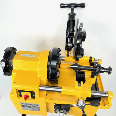 Bluerock Power PTM50-C Electric Motorized Pipe Threader with yellow casing and controls for cutting and threading pipes.