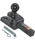 Three In One ATV UTV Trailer Hitch Mount With Two Inch Ball And One Quarter Inch Rise For Tow Straps Fits One And One Quarter Inch Receiver Includes Clevis Mount Hole Ready To Roll, black steel