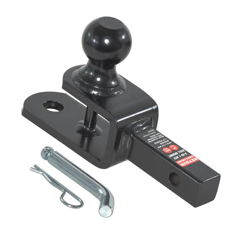 Three In One ATV UTV Trailer Hitch Mount With Two Inch Ball And One Quarter Inch Rise For Tow Straps Fits One And One Quarter Inch Receiver Includes Clevis Mount Hole Ready To Roll, black steel