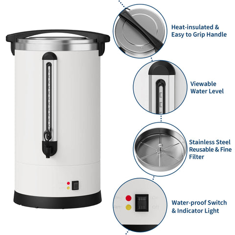 Massive 14L Electric Coffee Urn Double Wall Stainless Steel Commercial Beverage Dispenser 4.8 Gallon Hot Coffee Percolator with features.
