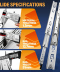 Pro Shop Grade Locking Drawer Slides Side Mount Full Extension Ball Bearing Runners With Removable Security Handles For Garage Drawers And Pickup Rigs 150 Pound Load Capacity One Pair Twelve Inch Track specifications showing material and rail measurements.