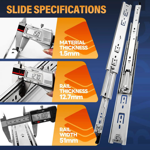 Pro Shop Grade Locking Drawer Slides Side Mount Full Extension Ball Bearing Runners With Removable Security Handles For Garage Drawers And Pickup Rigs 150 Pound Load Capacity One Pair Twelve Inch Track specifications showing material and rail measurements.