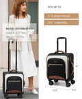 Underseat Carry On Luggage With Wheels 16 Inch Softside Spinner 18 By 14 By 8 Inches Travel Bag With TSA Lock shown with model