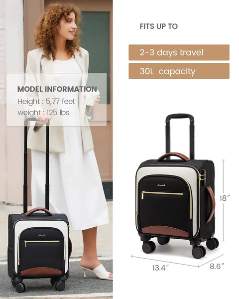 Underseat Carry On Luggage With Wheels 16 Inch Softside Spinner 18 By 14 By 8 Inches Travel Bag With TSA Lock shown with model