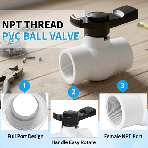Two Pack One And A Half Inch NPT PVC Ball Valves Double Female No Fuss Full Port Shut Off Valve SCH40 Plastic Water Control Valve