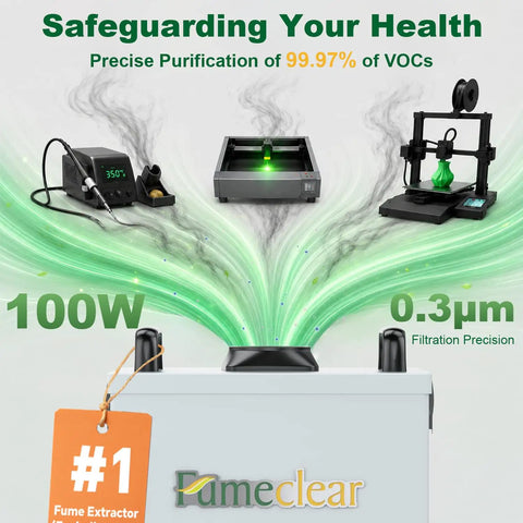 Illustration of the FC-100A Fume Extractor With Remote Control And 3 Stage Filtration System showcasing purification efficiency.