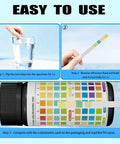 Instructions for using 200 Count pH Test Strips 0-14 Universal Litmus Paper for liquid testing with glass of water and color chart.