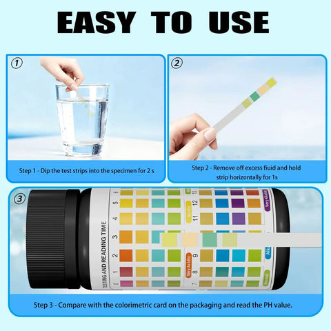 Instructions for using 200 Count pH Test Strips 0-14 Universal Litmus Paper for liquid testing with glass of water and color chart.
