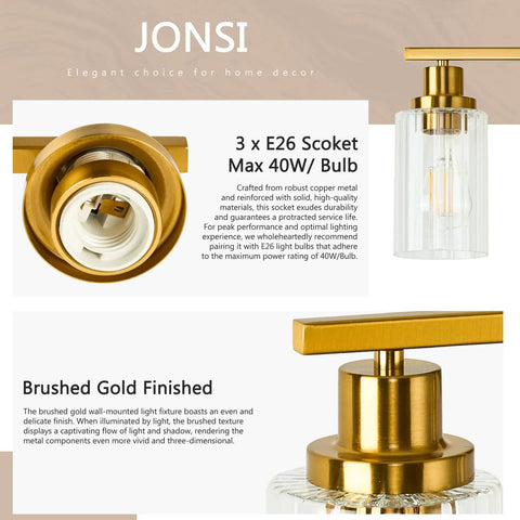 Three Light Brushed Gold Vanity Light With Fluted Glass Shades for Bathroom Modern Gold over Mirror Fixture details