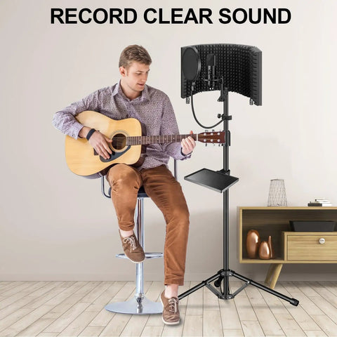 Studio Microphone Isolation Shield With Pop Filter, Foldable Voice Shield, Adjustable Tripod Stand used by guitarist, home studio setup