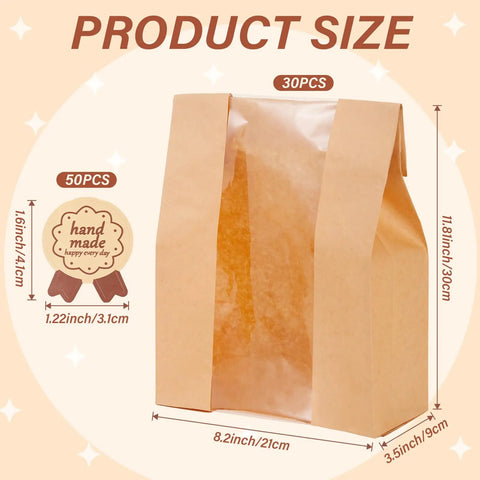 Product size illustration of Large Kraft Paper Bread Bags With Window 13.7 Inch By 8.2 Inch By 3.5 Inch 30 Pack for baked goods