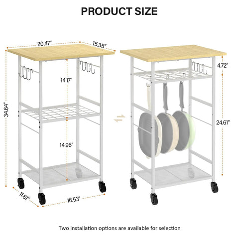 Product dimensions of Rolling Kitchen Microwave Cart With 3 Tier Stand And Adjustable Shelf On Wheels Go To Storage Rack