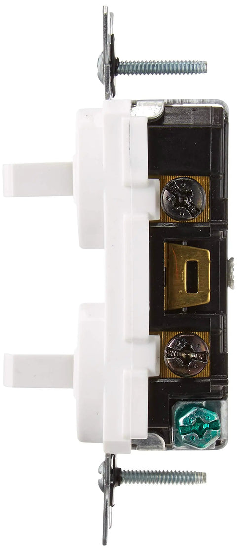 Side view of Specification-Grade 15 Amp 120/277V Duplex 3-Way AC Combination Switch, Non-Grounding, Side-Wired in white thermoplastic.
