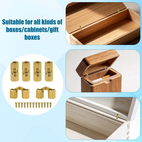 6 Pack Mini Invisible Brass Barrel Hinges With 13 Screws for cabinets, jewelry boxes, and DIY wood doors, 8mm gold finish hardware.