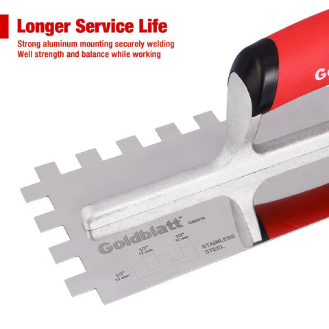 Half Inch Square Notch Trowel With Soft Grip Handle Pro Grade Stainless Steel Build displaying notched blade close-up