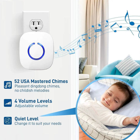 Long Range Wireless Doorbell Kit with 52 Chimes and 1000 Foot Range, LED receiver in wall socket, sleeping baby illustration