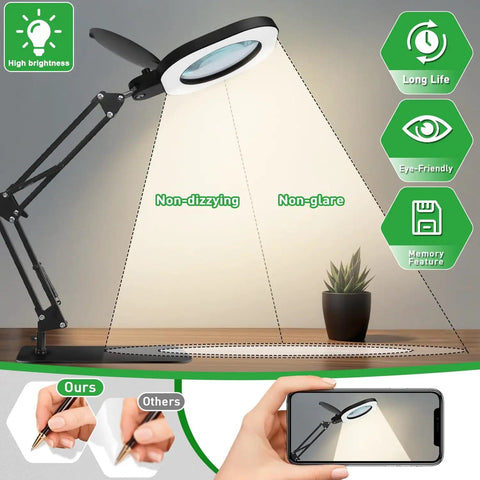 Real Glass Magnifying Desk Lamp With 3 In 1 LED Lighting illuminating desk, highlighting swing arm and plant in focus