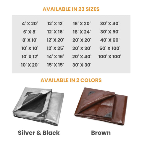 Heavy Duty Poly Tarp Cover 16 Mil and 10 Mil with Grommets, 23 sizes and silver, black, brown colors shown