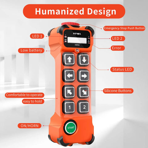 Front view of Wireless Crane Remote Control With Dual Speed 8 Channel Button Industrial Controller, showing labeled features.