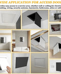 Kickass Heavy Duty Aluminum Access Panel 5x12 Flush Mount Wall And Ceiling Inspector Hatch shown in various home applications.